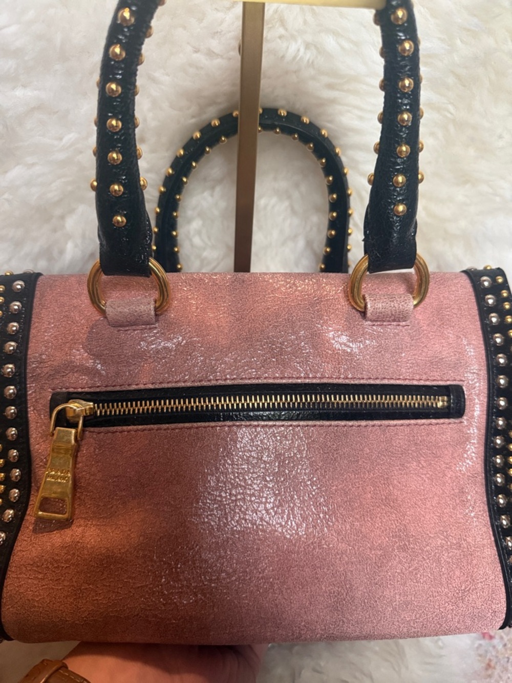 Prada Rose Pink Leather Satchel with Gold Studs and Black Trim & Crossbody Strap - Picture 6 of 10